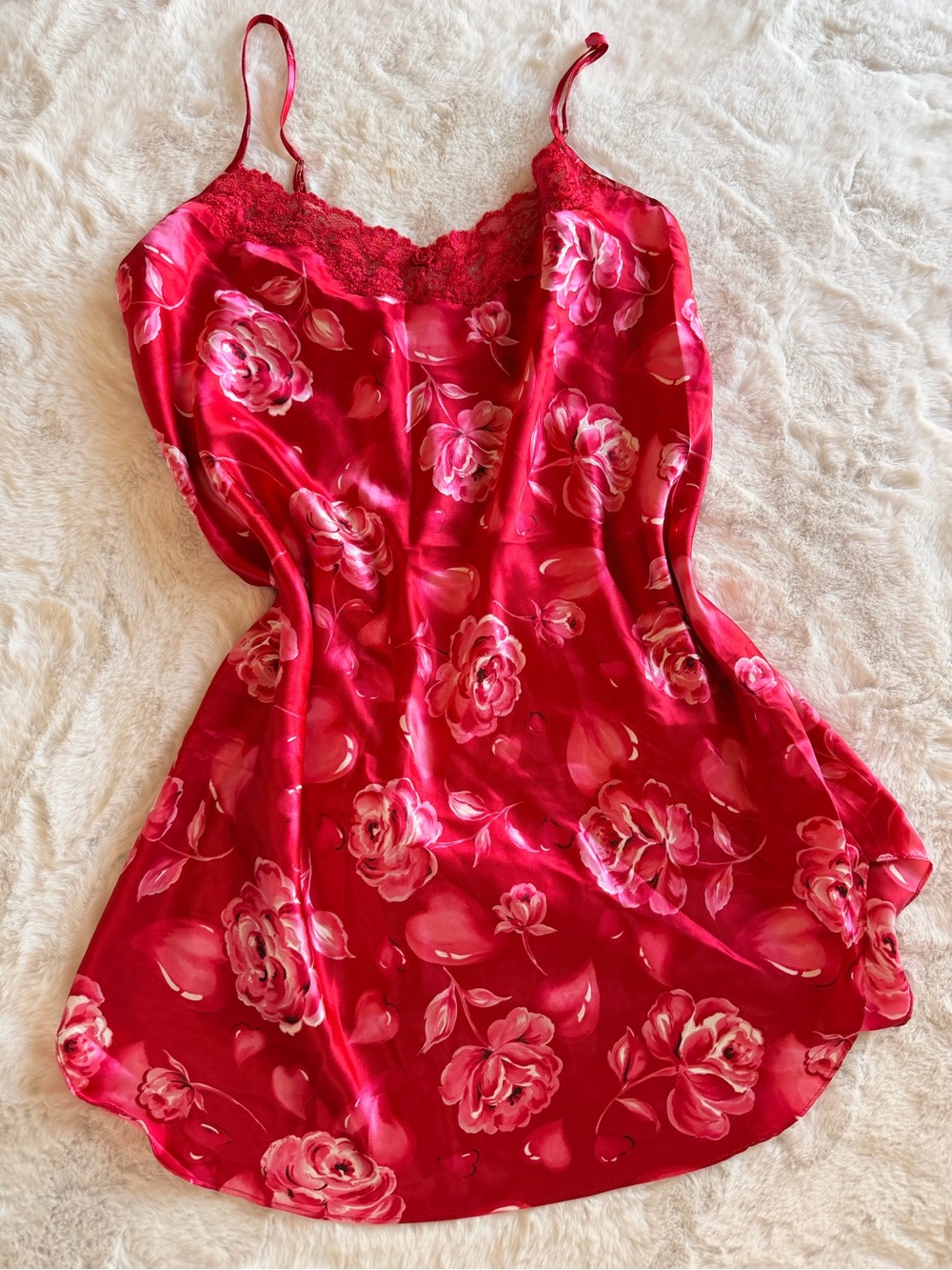Red Floral Satin Lace-Trim Slip Chemise